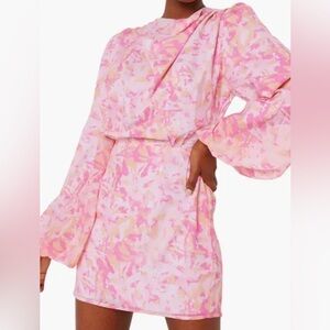 Brand New ~ Pretty Lavish Pink & Orange Floral Pleated Balloon Sleeve Mini Dress